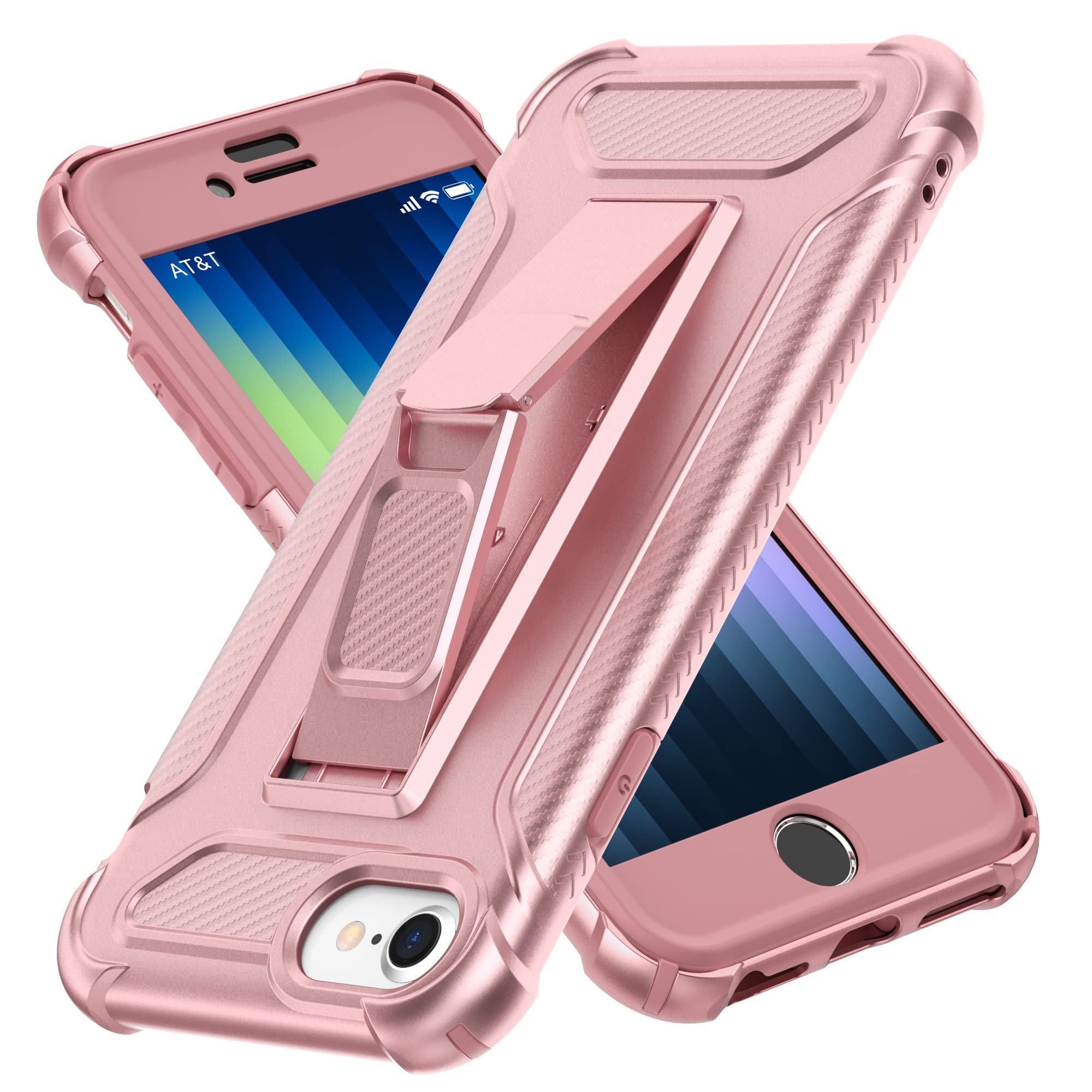 ORETECH for iPhone SE 2022 Case, iPhone SE 2020 Case, and [2 x Tempered Glass Screen Protectors] [Built-in Kickstand] Military Grade Shockproof 360 Full Body Protective Cover - Rosegold