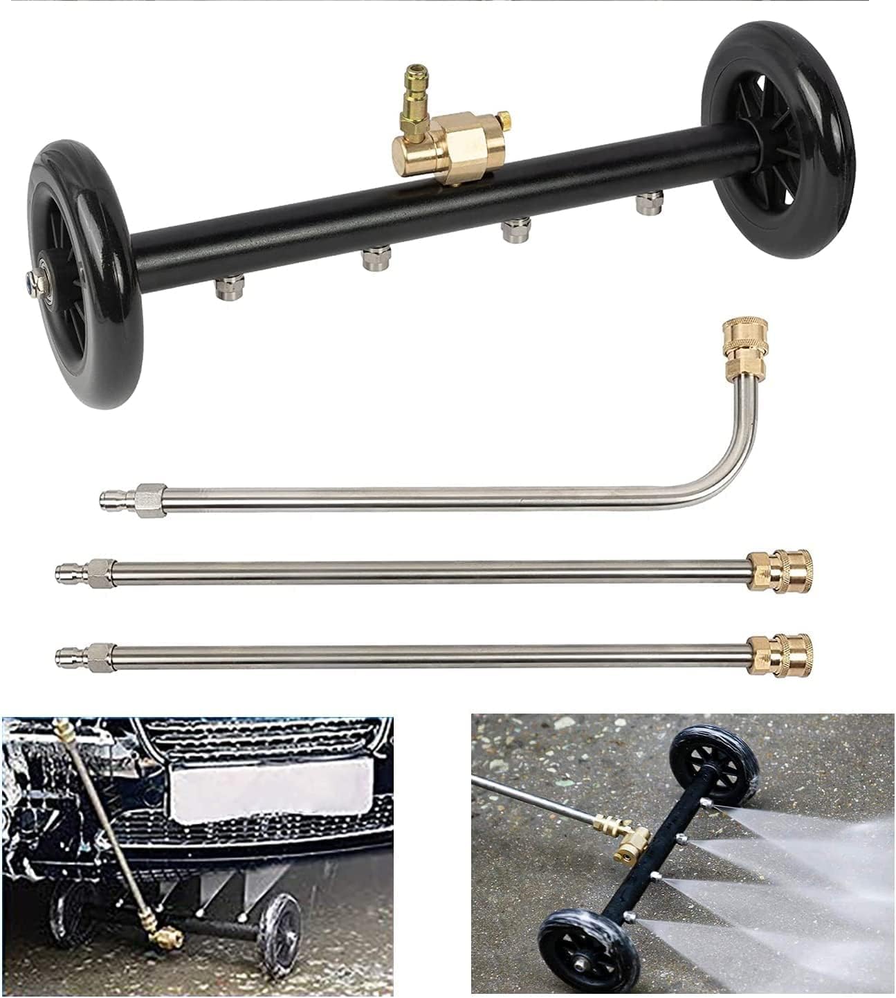 Dual-Function Undercarriage Cleaner,Surface Cleaner for Pressure Washer, 16 Inch, Underbody Car Wash Water Broom with 3 Pieces Extension Wand, 4000 PSI