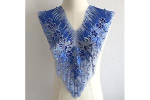 ESH7 Blue Beaded Pearl Flower Fabric Lace Applique, Floral Embroidered Patches Handmade Sewing Tool for DIY Neckline Bodice Wedding Bridal Prom Dress 21.6*11in