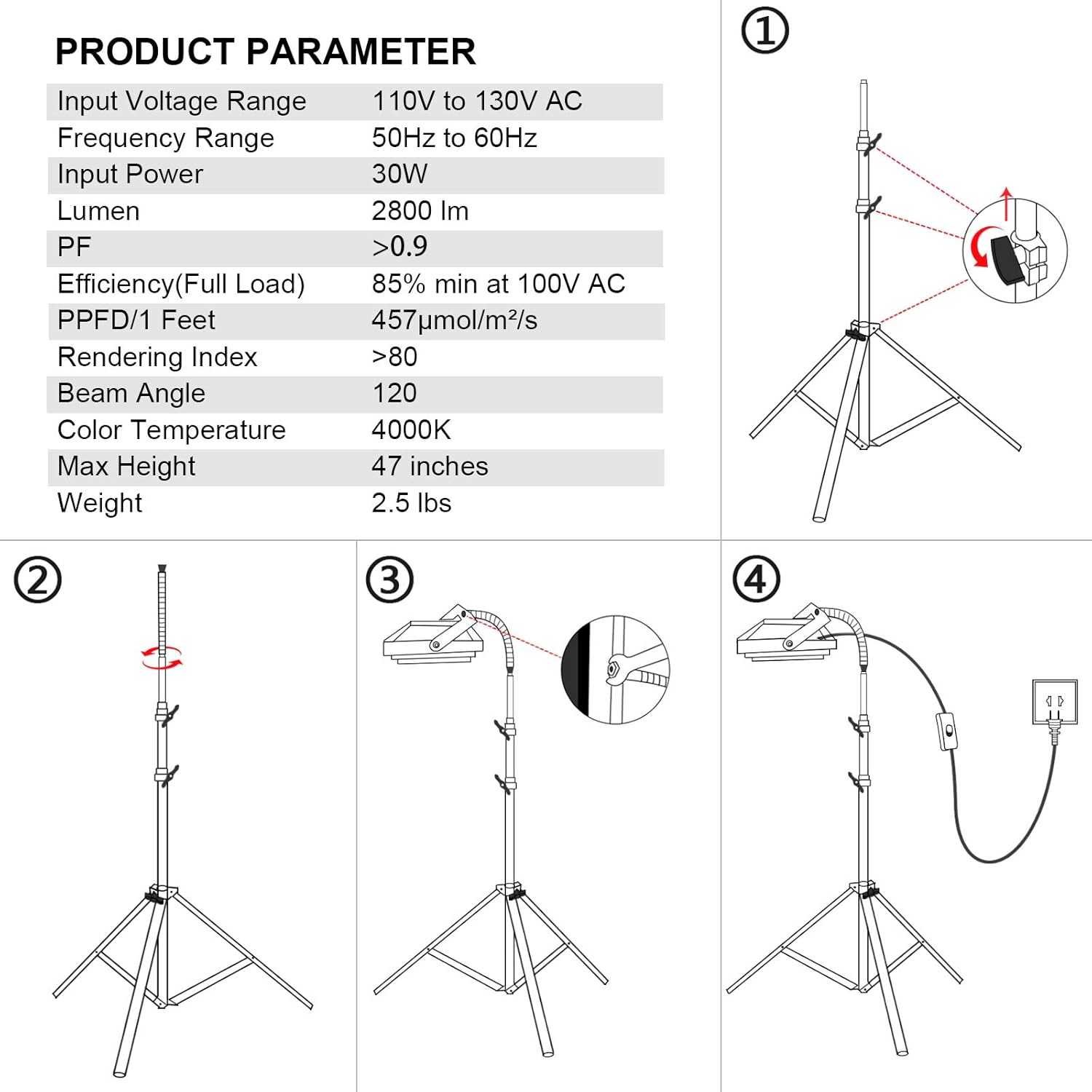 Grow Light with Stand, LBW Full Spectrum 150W LED Floor Plant Light for Indoor Plants, with On/Off Switch, Flexible Gooseneck, Adjustable Tripod Stand 15-47 inches: Home Improvement