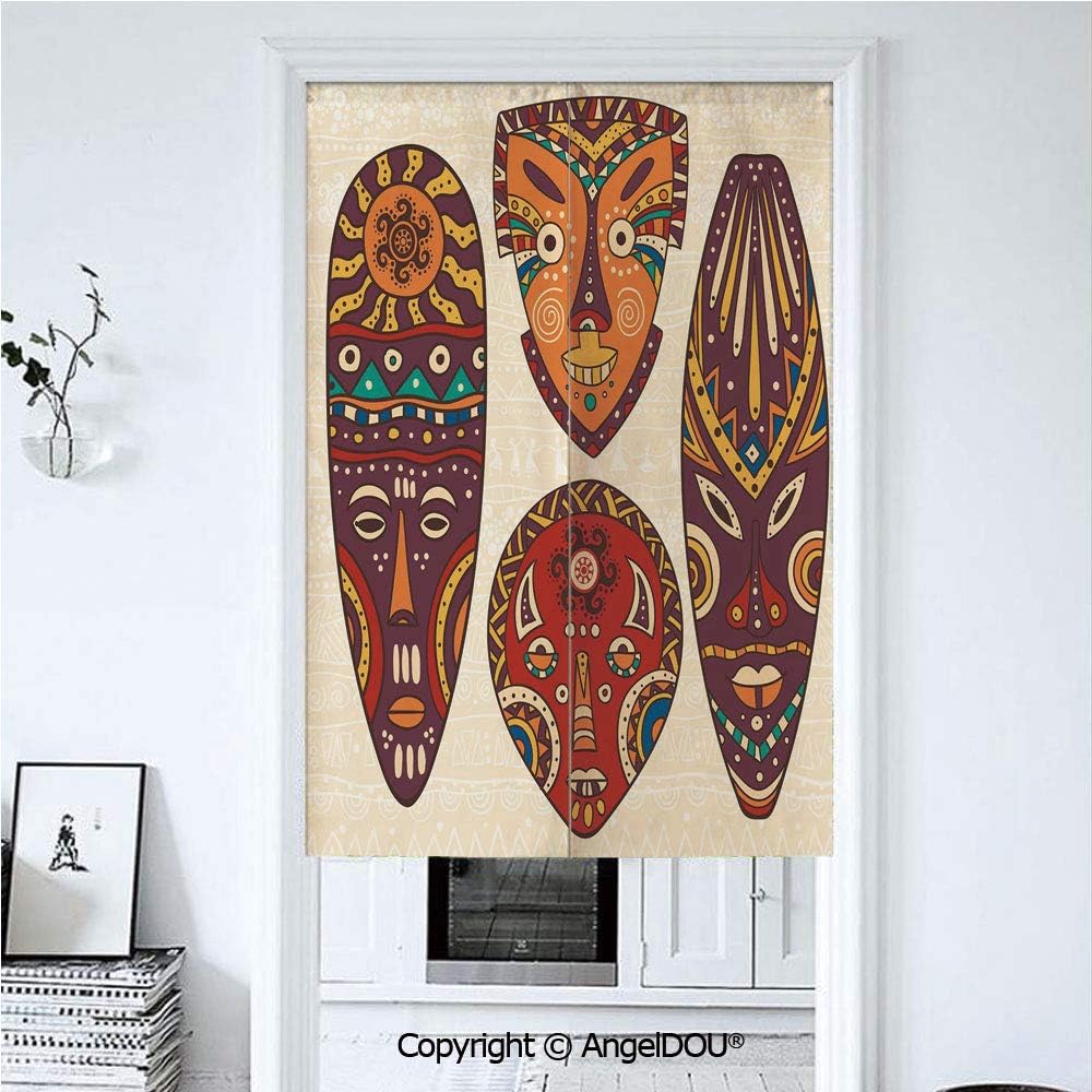 AngelDOU Tiki Bar Decor Japanese Noren Half Open Cotton Linen Door Curtain Decorative Mask Designs African Aborigine Art Patterns Cultural Ethnic Print Decorative Hanging Doorway Dr 39.3x59 inches