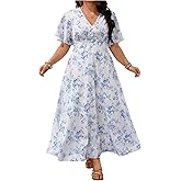 Floerns Women's Plus Size Summer Floral A Line Dress Short Sleeve V Neck Beach Vacation Long Dresses