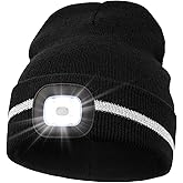 MELASA Reflective Stripe LED Beanie Safety High Visibility Winter Hat with Light for Outdoor Work Sports Gifts for Men Dad