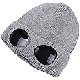 MansWill Unisex Wool Knitted Goggles Beanie, Warm Winter Stylish Hat Outdoor Sports Cap Gray, Medium
