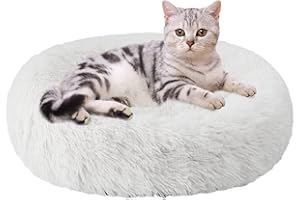 Aurako Cat Bed Dog Bed Round Cushion Pet Bed Mat Ultra Soft Plush Donut Sofa Comfortable Pillow Machine Washable Pet Cuddle Beds for Kitten Small Medium Large Dogs Cats 16" Milky White
