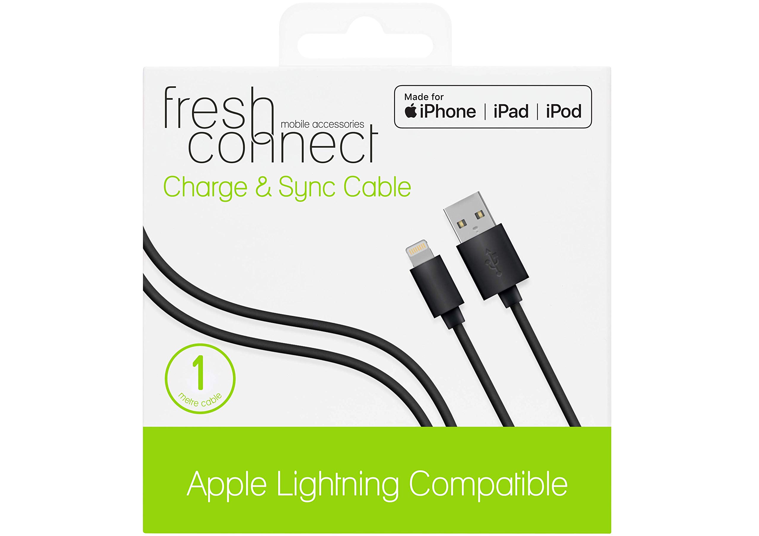 Fresh Connect 1m MFI Certified Lightning Charge & Sync Cable, for iPhone 13, 13 Pro, 12, 12 Mini, 11, 11 Pro, X, XS, XR, 8 - Black