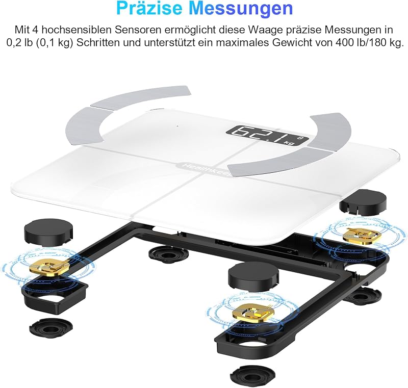 Intelligente Körperfettwaage mit 13 Körperzusammensetzungs-Messwerten, Intelligente Digitale Personenwaage Kompatibel mit iOS und Android, Max. 400 lb/180 kg, 26 × 26 cm