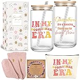 4MELLY Godmother Gift Set for Women Will You Be My Godmother from GodChild 16oz Glass Tumbler with Straw Thoughtful Birthday Mothers Day Gifts for Godmom