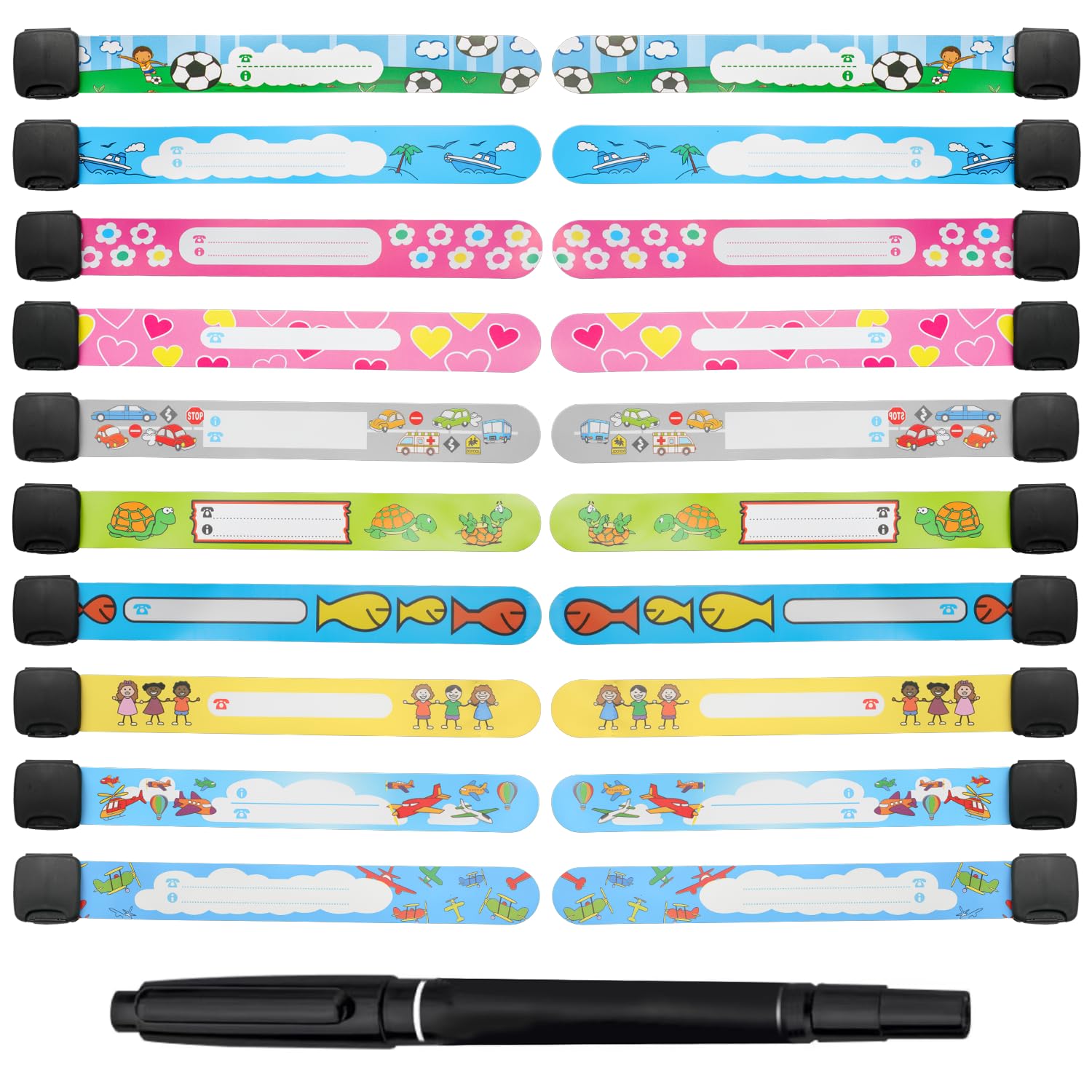 20PCS Child Safety ID Wristband,Anti Lost Child ID Bands,Kids ID Bracelet with Non Fading Pen for Children Emergency Bracelet for Children Boys Girls Toddler Baby(10 Styles)