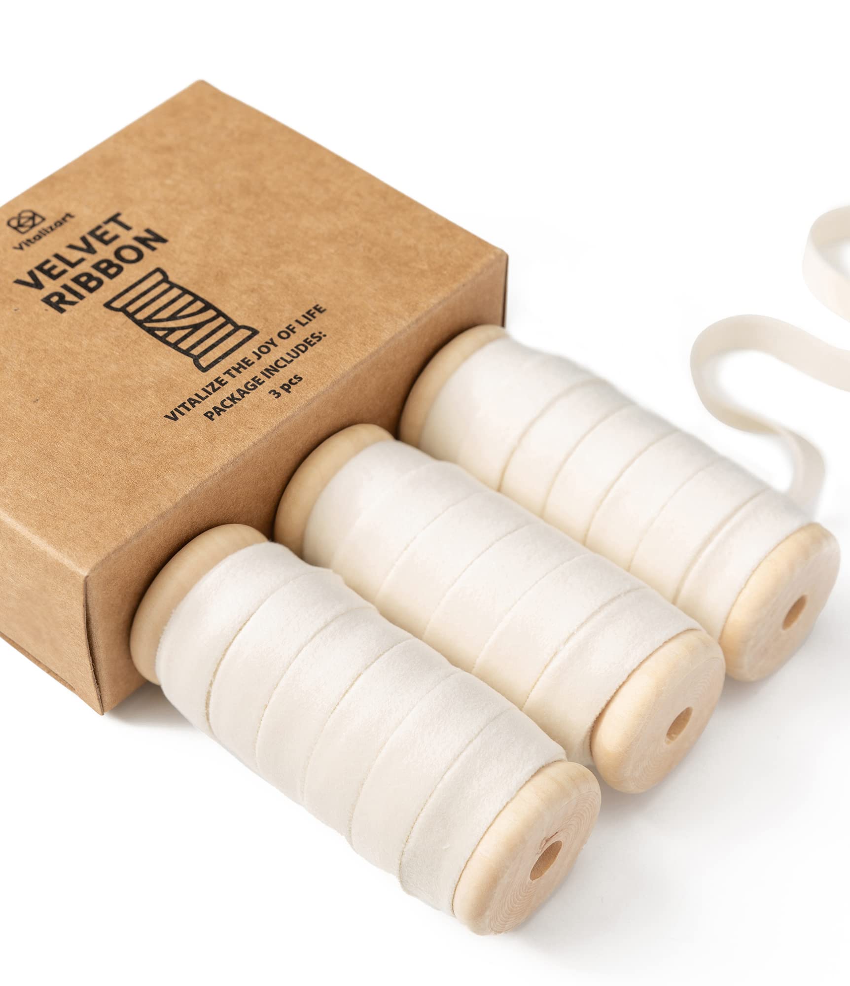 Vitalizart Ivory Velvet Ribbon Set 3/8" x 5Yd x 3 Rolls, Wooden Spool, Fabric Trim for Christmas Wreath Decoration, Handmade Craft, Ornaments, Gift Wrapping & Bow Making
