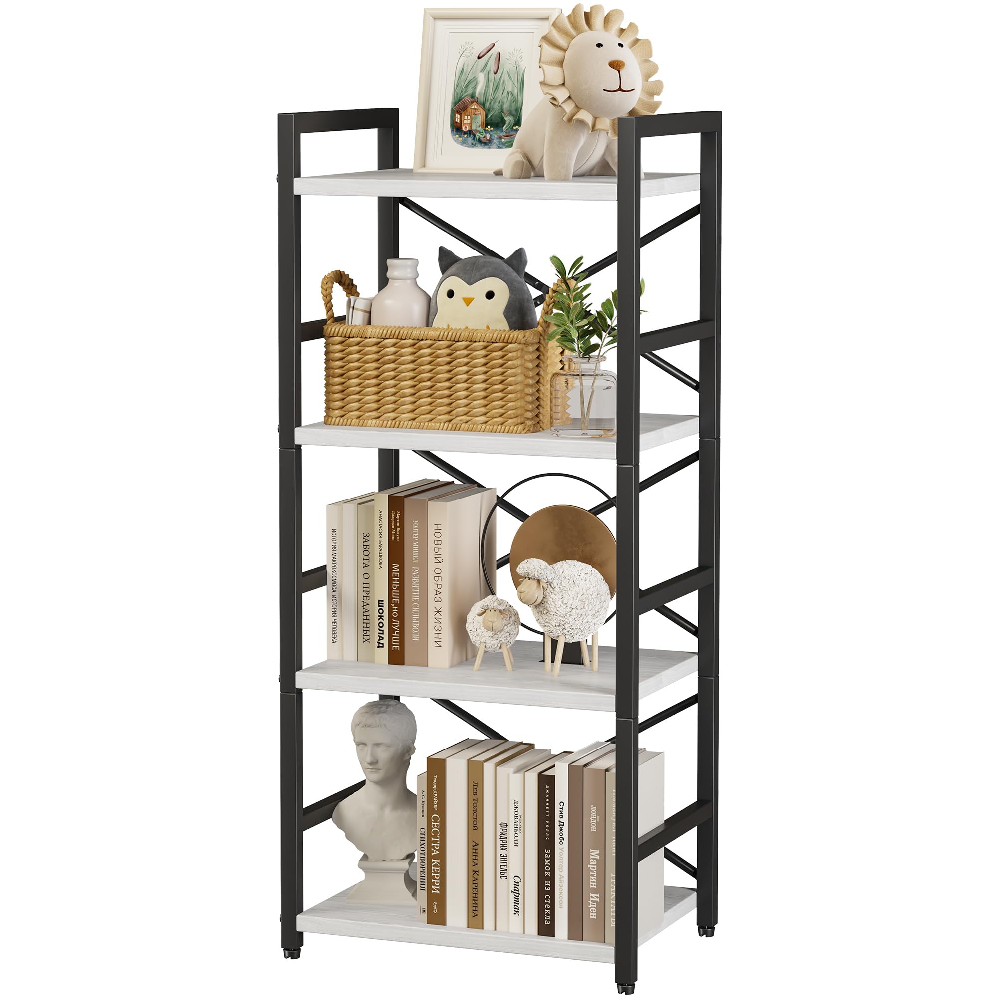 Homeiju 4 Tier Small White Metal Bookcase for CD/Movie/Book, Book Shelf Organization and Storage for Living Room, Kid's Room, and Home Furniture - 1018WH Image Homeiju 4 Tier Small White Metal Bookcase for CD/Movie/Book, Book Shelf Organization and Storage for Living Room, Kid's Room, and Home Furniture - 1018WH Image