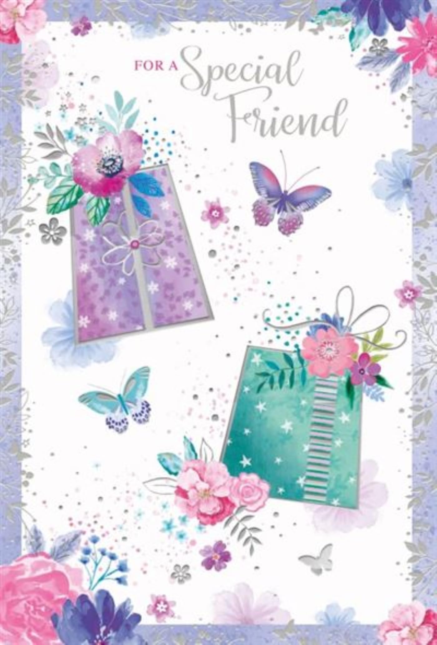 Special Friend Birthday Card - Lilac Green Gifts Butterflies & Flowers with Silver Foil 7.75x5.25"