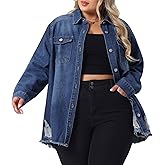 Agnes Orinda Women's Plus Size Denim Shirts Casual Long Sleeve Button Down Long Distressed Denim Jacket