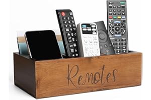 LBEMEY Acacia Wood TV Remote Holder, Caddy and Organizer for Table, Vintage Farmhouse Desk Caddy (Remotes Holder with 4 Compa