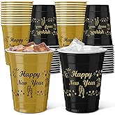 Vesici 50 Pcs 12 oz Happy New Year Disposable Plastic Cups Black Gold Drinking Cups New Year Party Supplies for Holiday Christmas