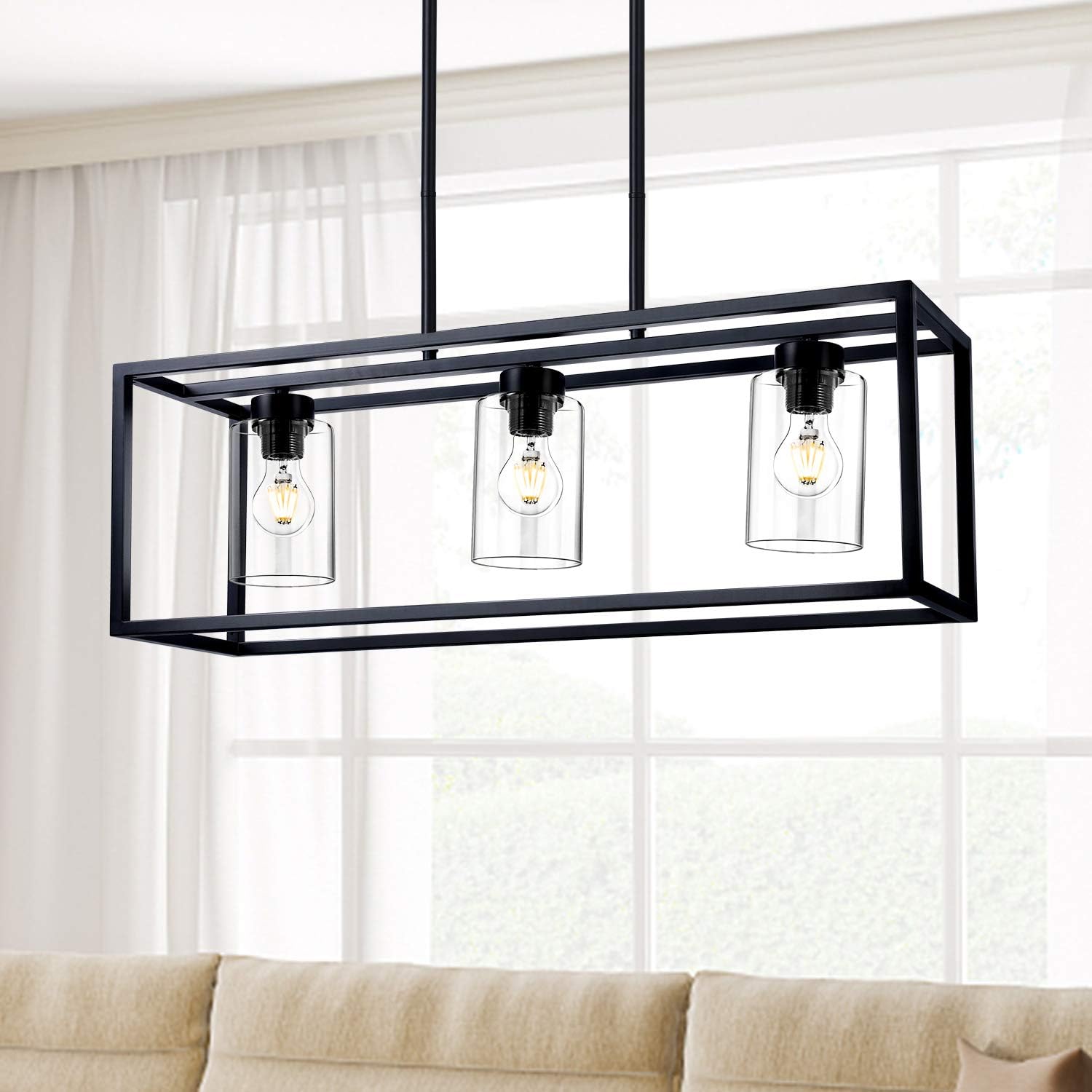 KEDSUM 3 Lights Farmhouse Kitchen Island Lights, Modern Chandeliers Rectangle Black Pendant Lighting for Dinging Room, Hanging Linear Cage Island Lighting with Clear Glass Shade and Adjustable Rods - - 