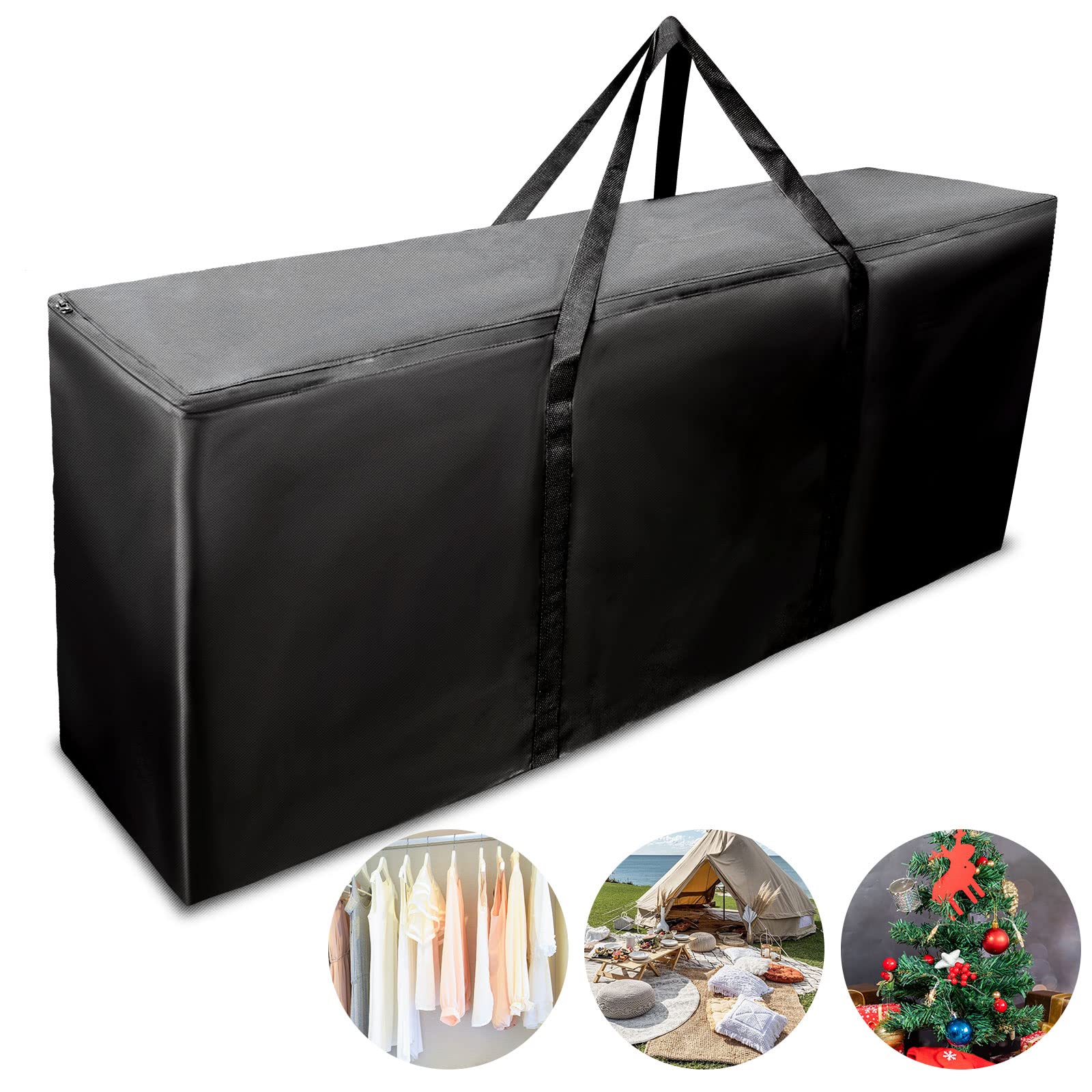 RICHIE Garden Storage Bag Furniture Seat Outdoor Cushions Covers Storage Bag with Zipper and Handles, Heavy Duty Rip Proof 420D Oxford Fabric Waterproof Bag for Cushions, Anti-UV, Black128x32x50cm