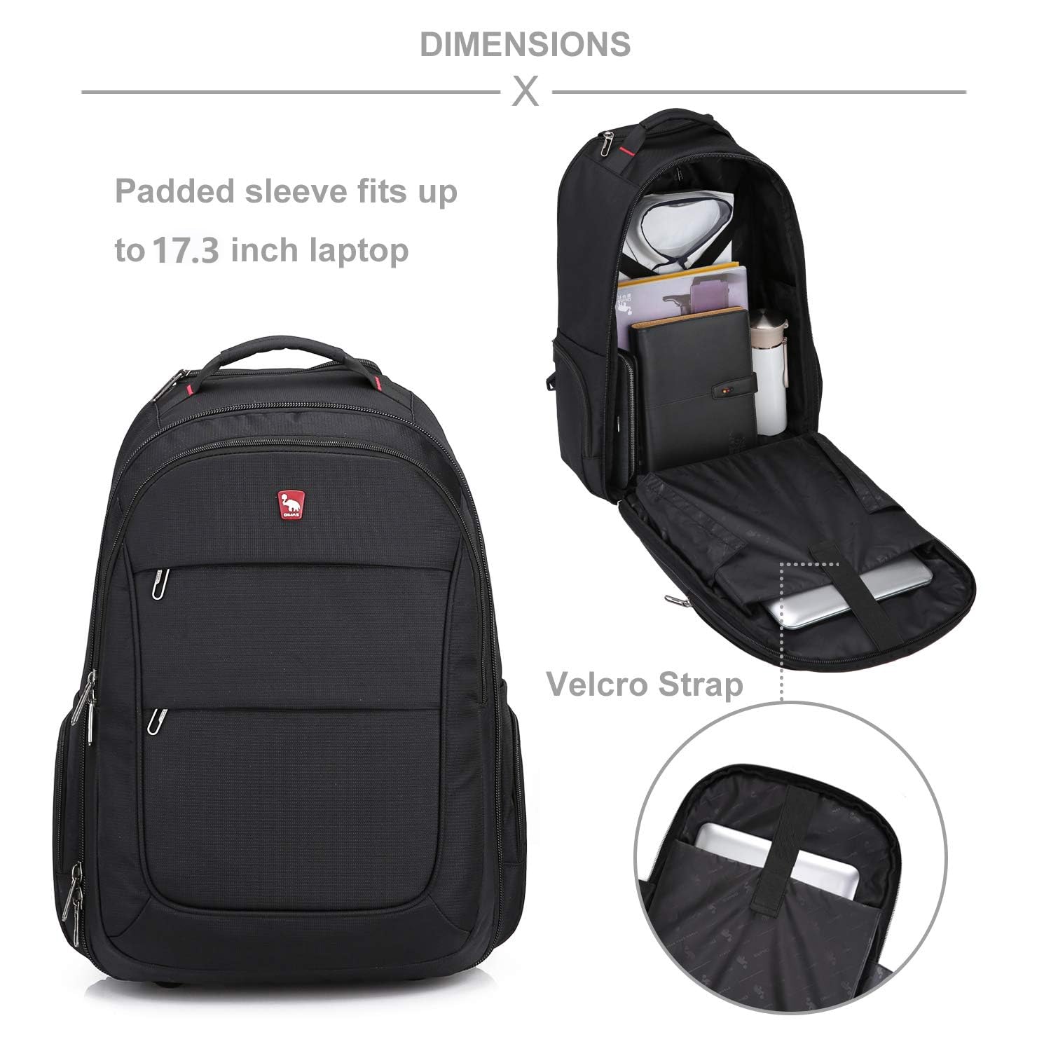 OIWAS Travel Rolling Backpack with Wheels, 17.3 inch Wheeled Laptop Backpack with Wheels for Adults, Carry on Luggage Business Roller Computer Bag Work Trolley Suitcase 36L Men Women Black