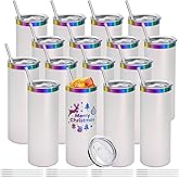 YOUKE OLA 16 Pack Rainbow Plated Stainless Steel Tumbler Straight Double Wall Powder Coated for Laser Engrave, 20oz White To Iridescent