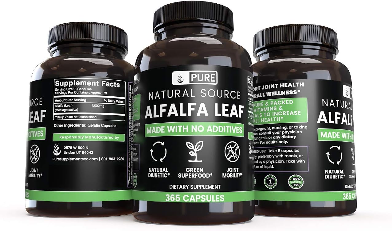 Natural Alfalfa Leaf, 365 Capsules, No Magnesium or Rice Filler, Made in The US, Gluten-Free, 1000mg of Pure and Undiluted Alfalfa Leaf per Serving: Health & Personal Care