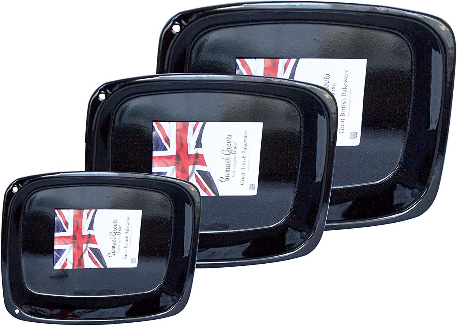 Samuel Groves 3 Piece Vitreous Enamel Roasting Tin Tray Set 37cm / 33cm / 28cm, Made in