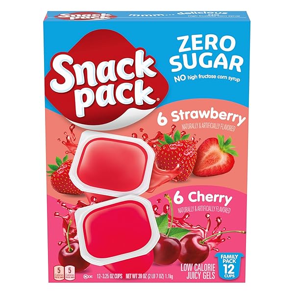 SNACK PACK ZERO SUGAR STRAWBERRY AND CHERRY FLAVORED LOW CALORIE JUICY GELS CUPS, 3.25 OZ., 12-COUNT FAMILY PACK