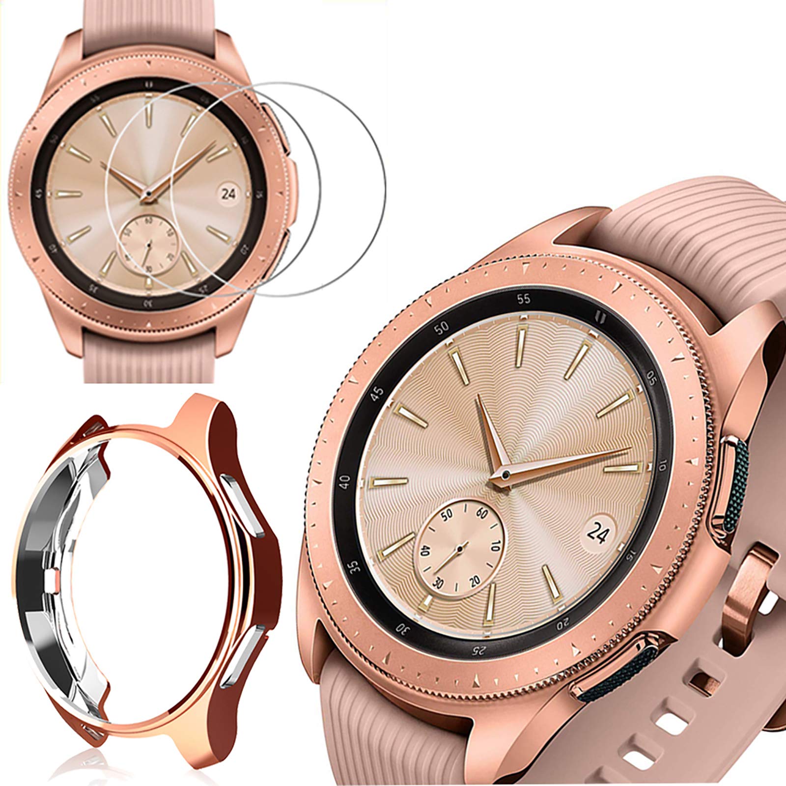 Photo 1 of [2+1 Pack] Compatible for Samsung Galaxy Watch 42mm Case Cover with Screen Protector, Soft TPU Plated Protective Bumper Shell + Tempered Glass Screen Cover Film Protector for Galaxy Watch 42mm