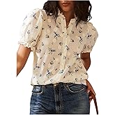 SOLY HUX Women's Floral Blouse Puff Short Sleeve Frill Notched V Neck Button Down Shirts Summer Tops