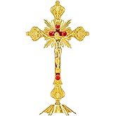 Calculs Metal Jesus Crucifix Table Cross - Catholic Table Cross With Stand For Christian Prayers Jerusalem Home Decor 10" Gold