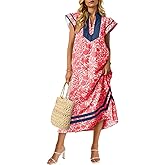 Wenrine Womens Summer Floral Maxi Dress Casual Short Cap Sleeve V Neck Color Block Side Slit Loose Boho Beach Dresses