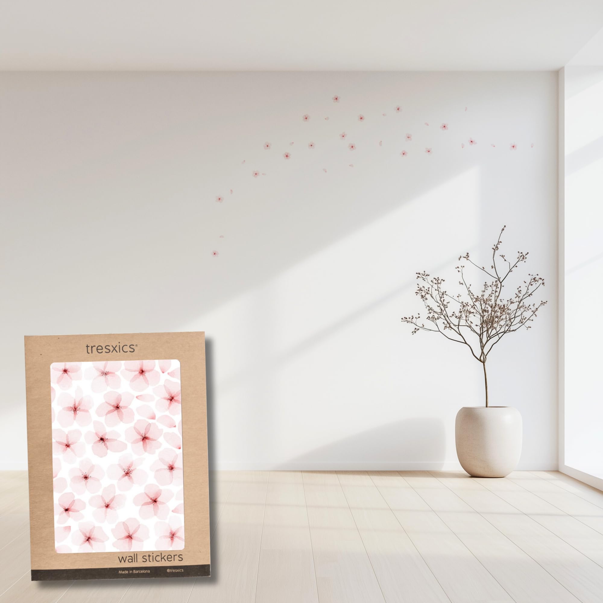 TRESXICS Decorative Wall Stickers Cherry Blossom Watercolour, 18 Flowers and 15 Petals, Original and Durable Vinyl Wall Sticker Wallpaper, Easy Application and Removable (Pink)