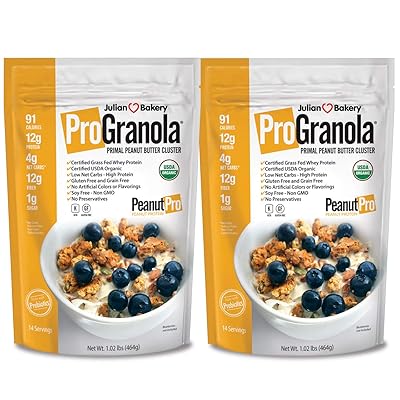 ProGranola Cereal | USDA Organic | GF | Peanut Butter Cluster | 12g Grass-Fed Whey Protein | 4 Net Carbs | GF | Grain-Free | 2 Pack