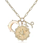 MISS RIGHT Gold Zodiac Sign Coin Necklace with Opal Crescent Moon Charm for Women Trendy, Dainty Gold Paperclip Chain 12 Constellation Horoscope Necklaces Astrology Jewelry Gifts