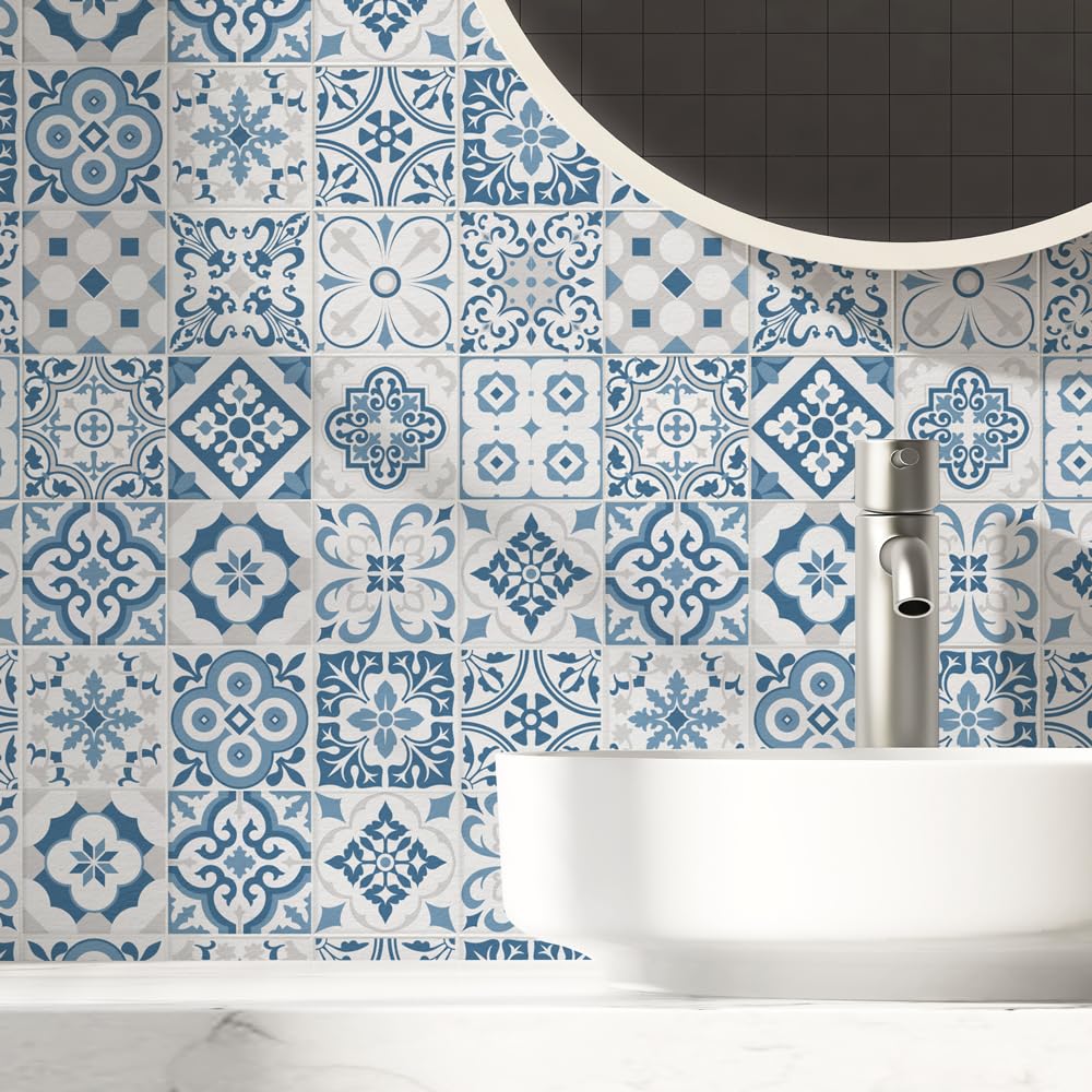 RE-COVERTILES - Tile Stickers for Bathroom and Kitchen 24 Pcs 10x10 cm - PS00104 Wall Decoration in Waterproof PVC Mosaic Tiles Style Azulejos Cement Tiles