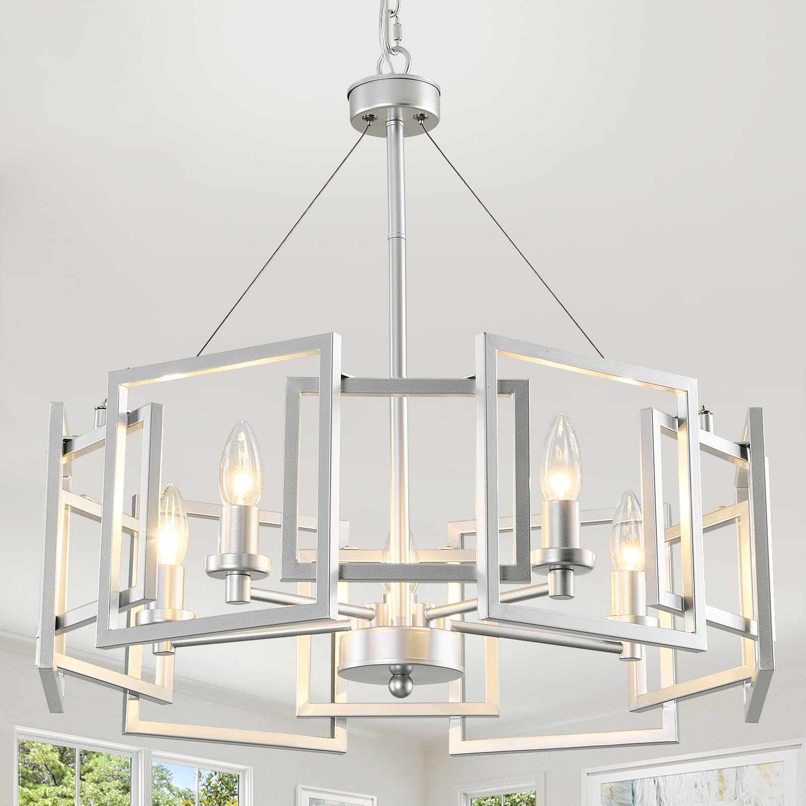 Photo 1 of ZGLAOJT Modern Chandelier Chrome Geometric Pendant Lighting Fixture 5-Light Metal Farmhouse Chandelier for Dining Room Living Room entryway Kitchen Bedroom Island