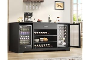 HSH Long Bar Cabinet with Fridge Space, Modern Wood Coffee Wine Liquor Cabinet with Refrigerator Space, Large Wide Sideboard Buffet Cabinet with Drawer Storage for Kitchen Dining Room, Black, 70 Inch