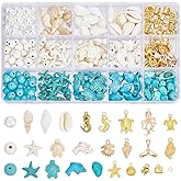 HOBBIESAY About 252Pcs Starfish Turtle Shell Beads Ocean Jewelry Making Kit Golden Ocean Animal Bead Charms Blue White for DIY Summer Beach Necklace Earring Bracelet Jewelry Making