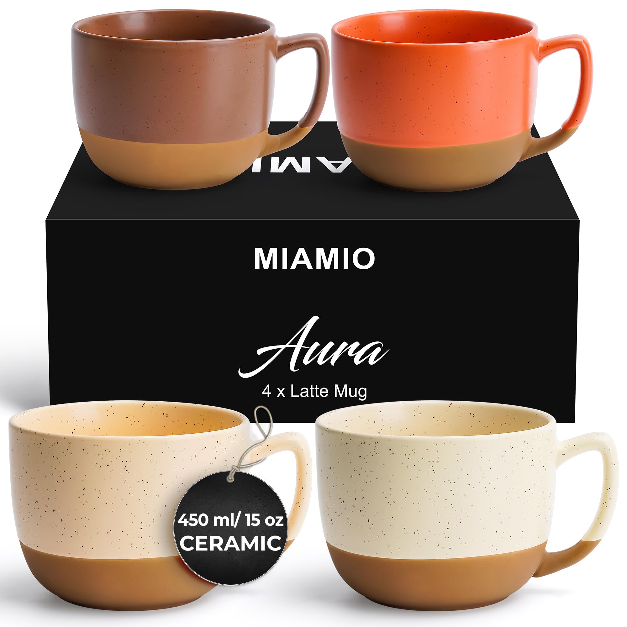 MIAMIO – 450 ml, Set of 4 Ceramic Latte Mug – Elegant Modern Coffee Mug Set for Cafe, Latte, Tea, Hot Cocoa - Drinks Dishwasher & Microwave Safe – Aura Collection (Cozy Neutral, Mugs (4X))