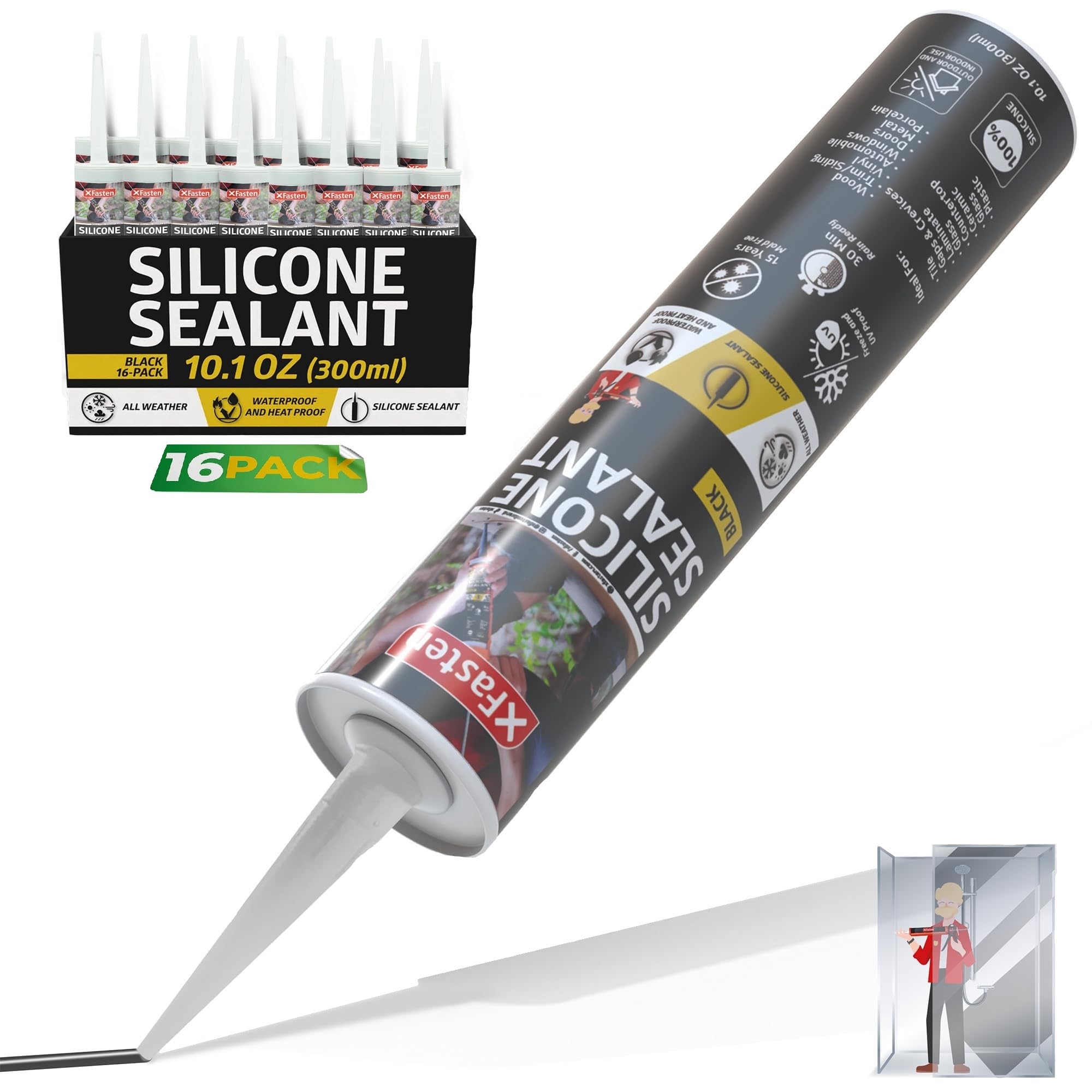 Photo 1 of XFasten Black Silicone Caulk 10.1oz (16-Pack 161.6oz Total) Odorless 100% Silicone Black Caulking Waterproof for RV Sealant and Caulking RTV, Marine Aquarium and High Temp Silicone Outdoor Indoor Use