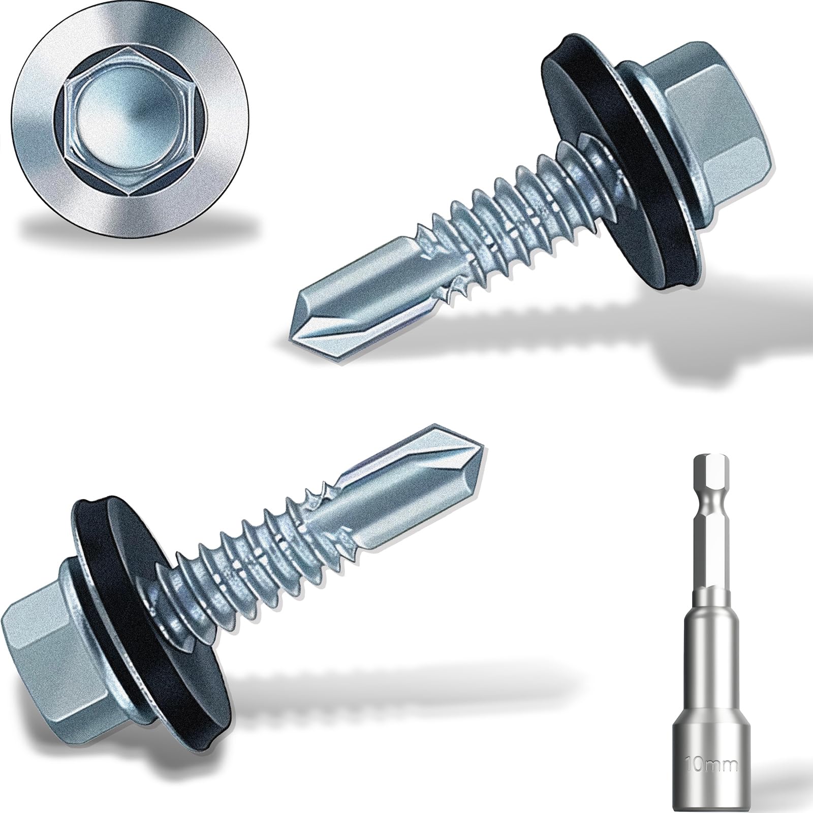 6.3x25 mm Self-Drilling Roofing Screws, 130 pcs Hex Head Self Tapping Screws, Hex Head Self-Drilling Roof Screws with Rubber Sealing Washer. with Hex Socket, Zinc Plat.