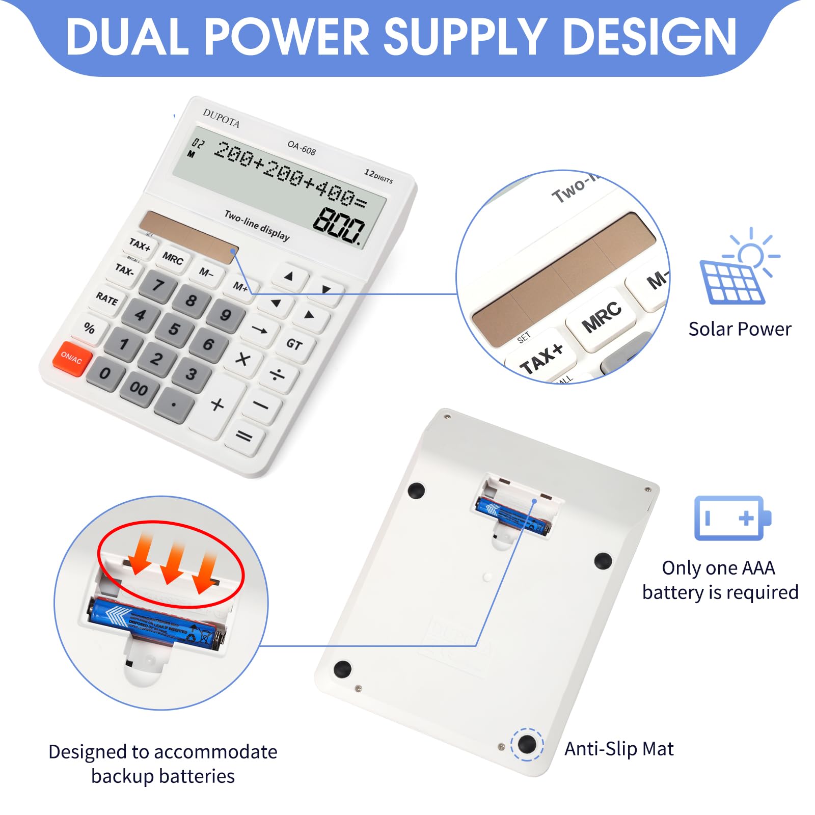 DUPOTA Taschenrechner Tischrechner Große Tasten 2 zeilig Extra Großes Display 12-stelliger Tischrechner Bürorechner Steuerberechnung Große Größe (OA-608) 7