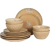 Gibson Elite Valencia Bloom 12 Piece Plates and Bowls Dinnerware Set - Taupe with Floral Decal Dishes - Microwave and Dishwasher Safe