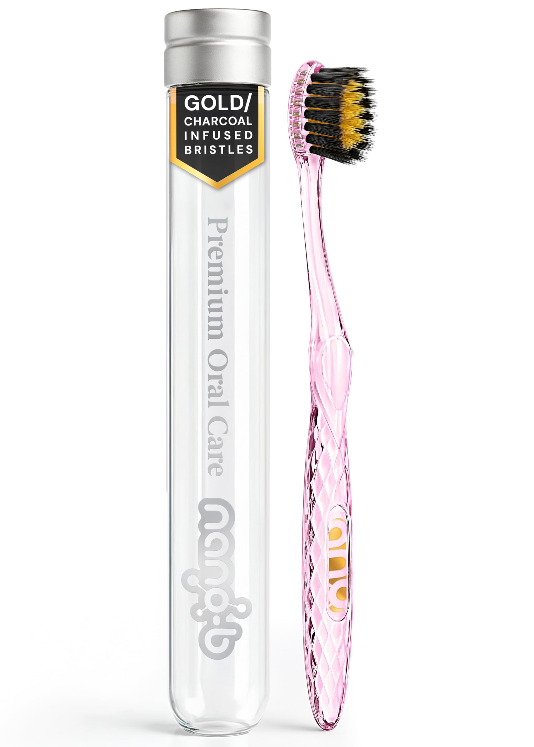 Nano-b Manual Toothbrush for Adults with Sensitive Gums, Gold & Charcoal Soft/Medium Bristles, Travel Case, Pink