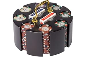CLAYSMITH GAMING Showdown Poker Chips Set - 200 Heavyweight (13.5-Gram) Clay Composite Chips with Wooden Carousel - Professional Casino Supplies, Kits, Holders, & Storage Container