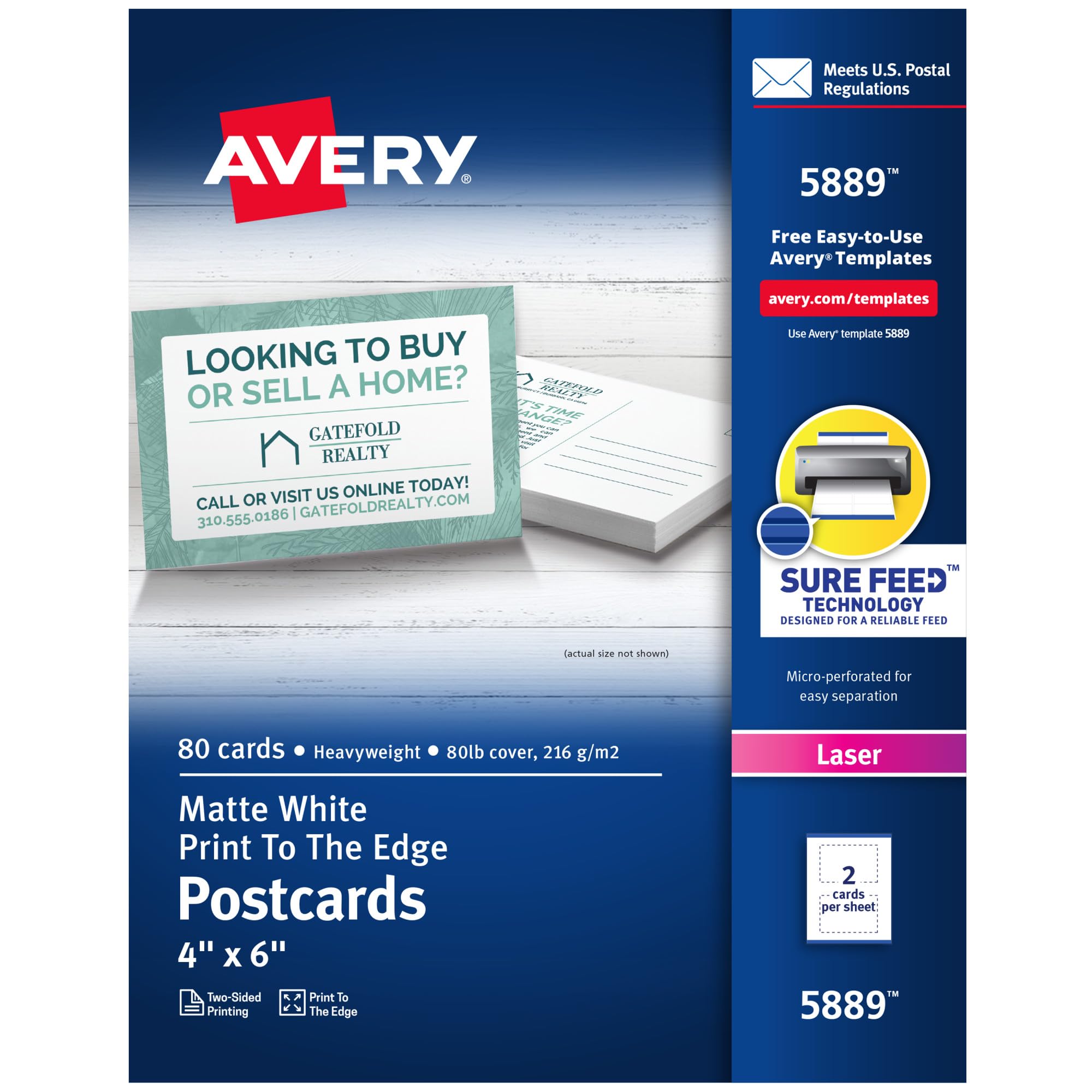 AVERY Printable Postcards with Sure Feed Technology, 4” x 6”, White, 80 Blank Postcards for Laser Printers (05889)