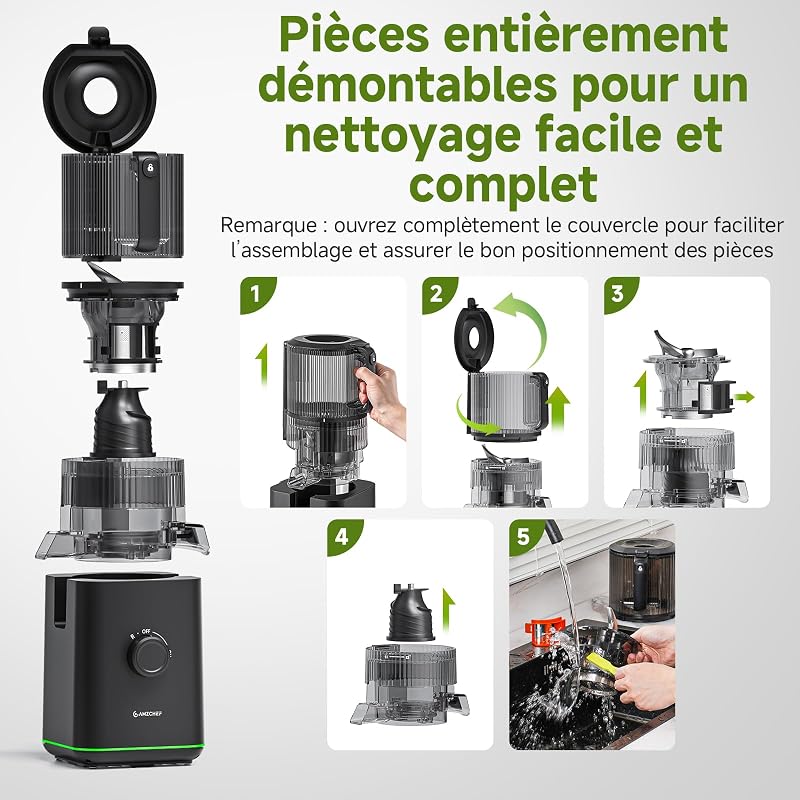 Extracteur de Jus, Fruits Entiers 155mm Large Goulotte, Extraction à Froid Haut Rendement, Facile à Nettoyer, 2,5L Séparateur, Jus du Matin, Petit Déjeuner Sain