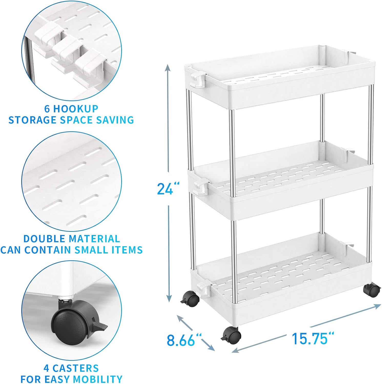 SPACEKEEPER Slim Storage Cart, 3 Tier Bathroom Organizers Rolling Utility Cart Slide Out Storage Shelves Mobile Shelving Unit Organizer for Office, Kitchen, Bedroom, Bathroom, Laundry Room, White: Furniture & Decor