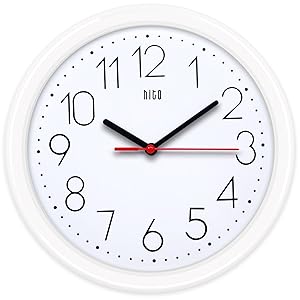hito Silent Wall Clock Non ticking 10 inch Excellent Accurate Sweep Movement, Decorative for Kitchen, Living Room, Bathroom, Bedroom, Office (White)