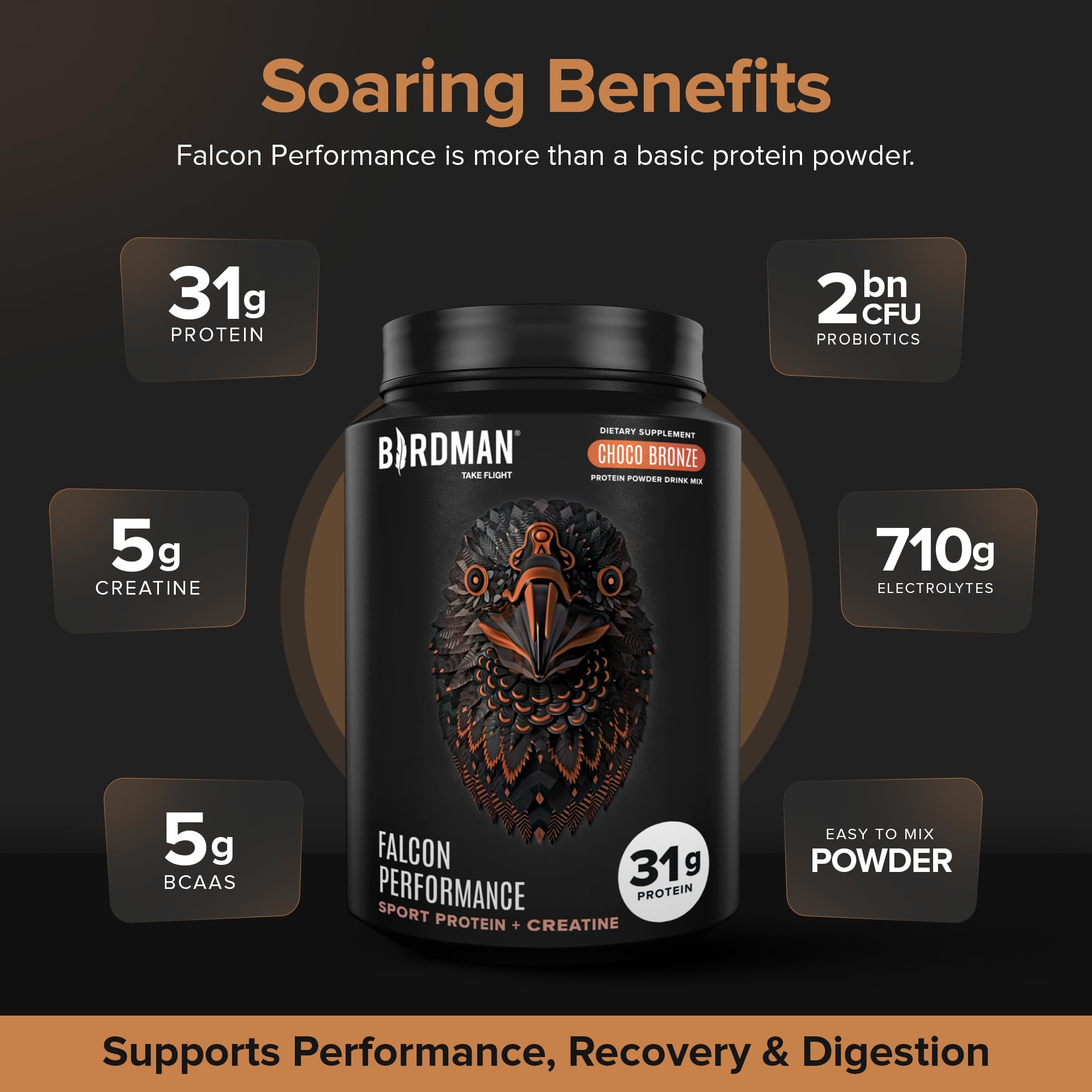 Birdman Falcon Performance Vegan Protein Powder, 31g Protein, 5g Creatine, 5g BCAA, Probiotics, Electrolytes, Pre Workout, Low Carb, Sugar Free & Dairy Free, Plant Based Chocolate Protein -19 servings