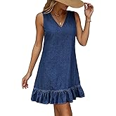 Dokotoo Denim Dress for Women Spring Summer Sleeveless V Neck Ruffle Hem Lightweight Casual A-Line Mini Jean Dresses